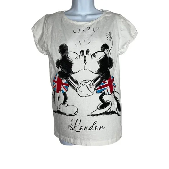 Rare Walt Disney Mickey Minnie Kissing London Great Britain Flag Tee T-Shirt L - Picture 1 of 9